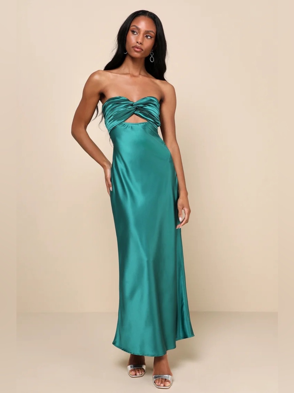 Lulus So Rare Emerald Green Satin Strapless Twist-Front Midi Dress Size L NWT